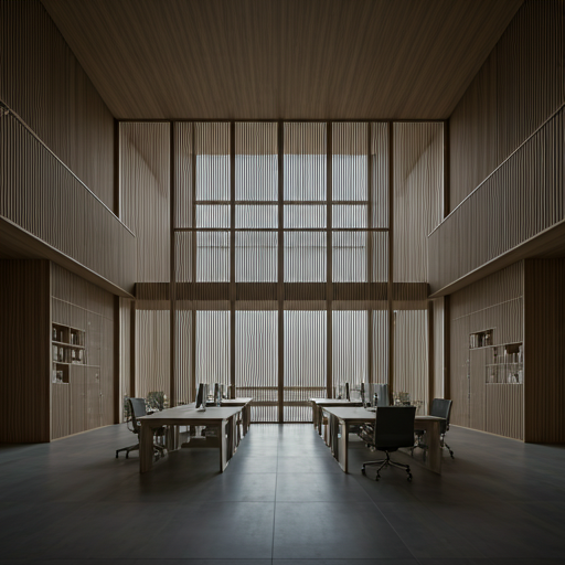 Minimalist luxury office with high ceilings
